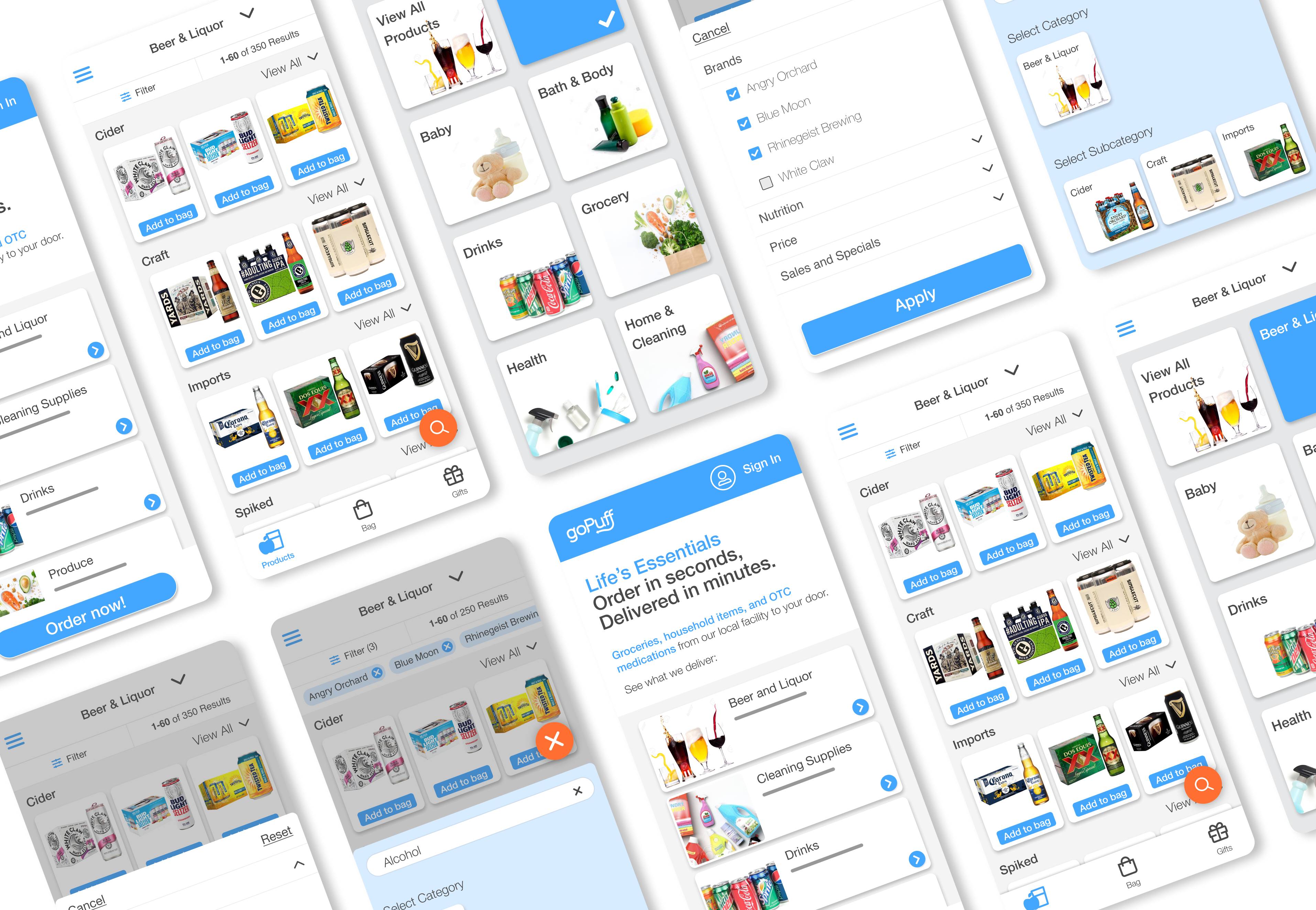Collage of goPuff app screens at an angle, showing the homepage, product grid, category filters, and product detail views